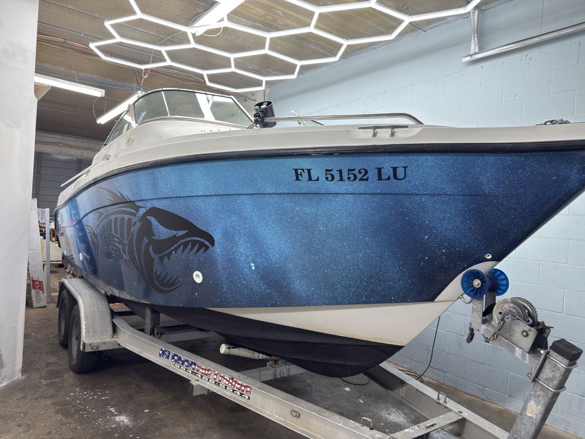 Bote terminado con wrap azul brillante y gráfica de pez
